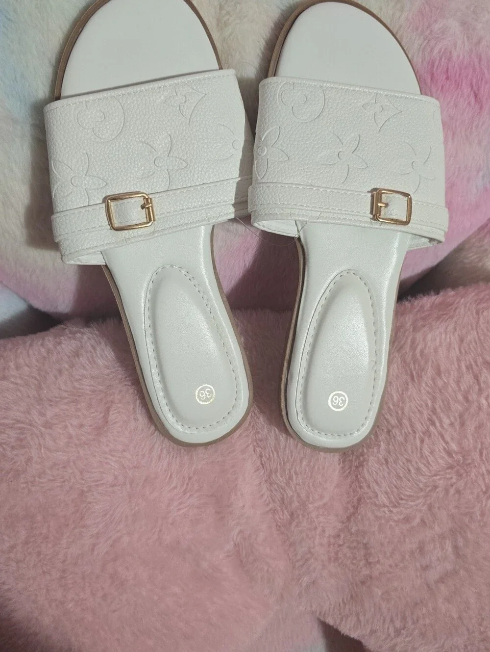 White Embossed Slide Sandals with Gold Buckle